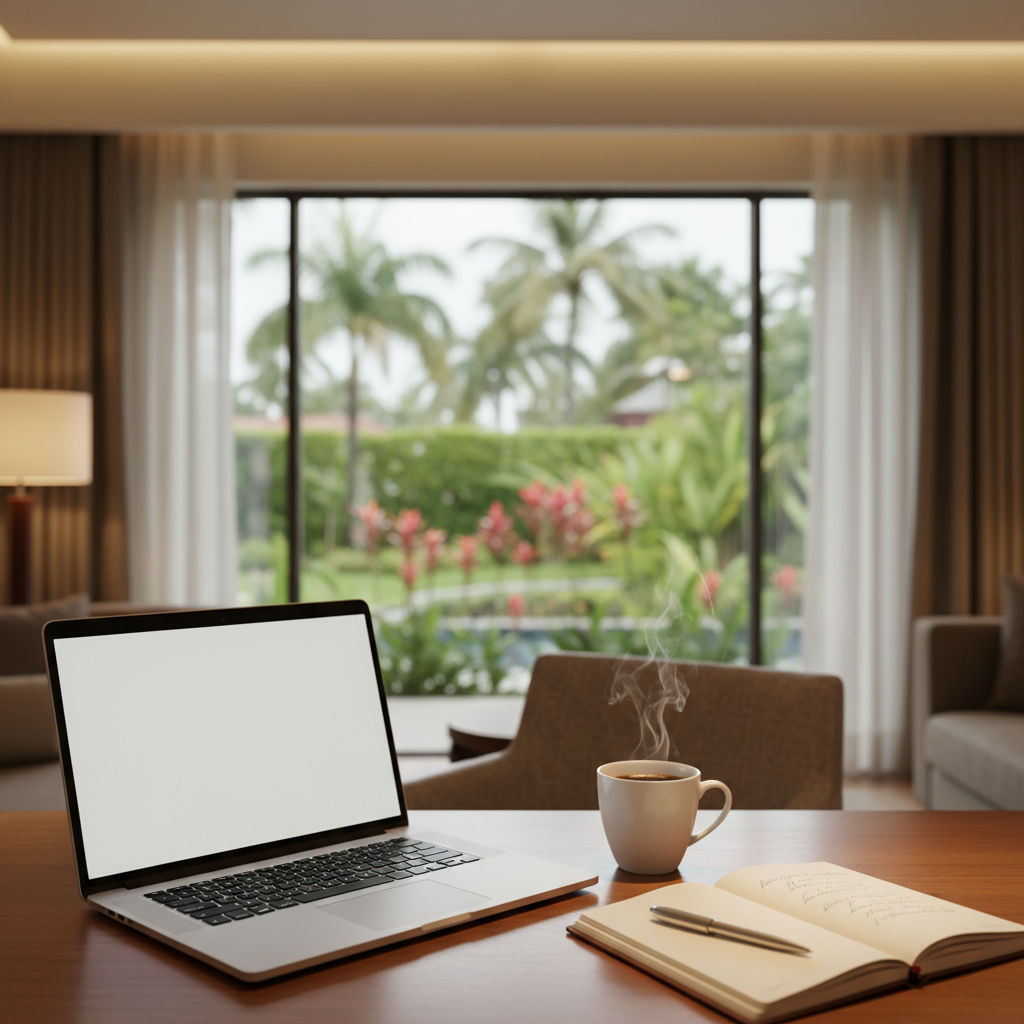 A cozy hotel room workspace featuring a modern laptop, a steaming cup of coffee, and a notepad, with a blurry view of a tropical garden outside.