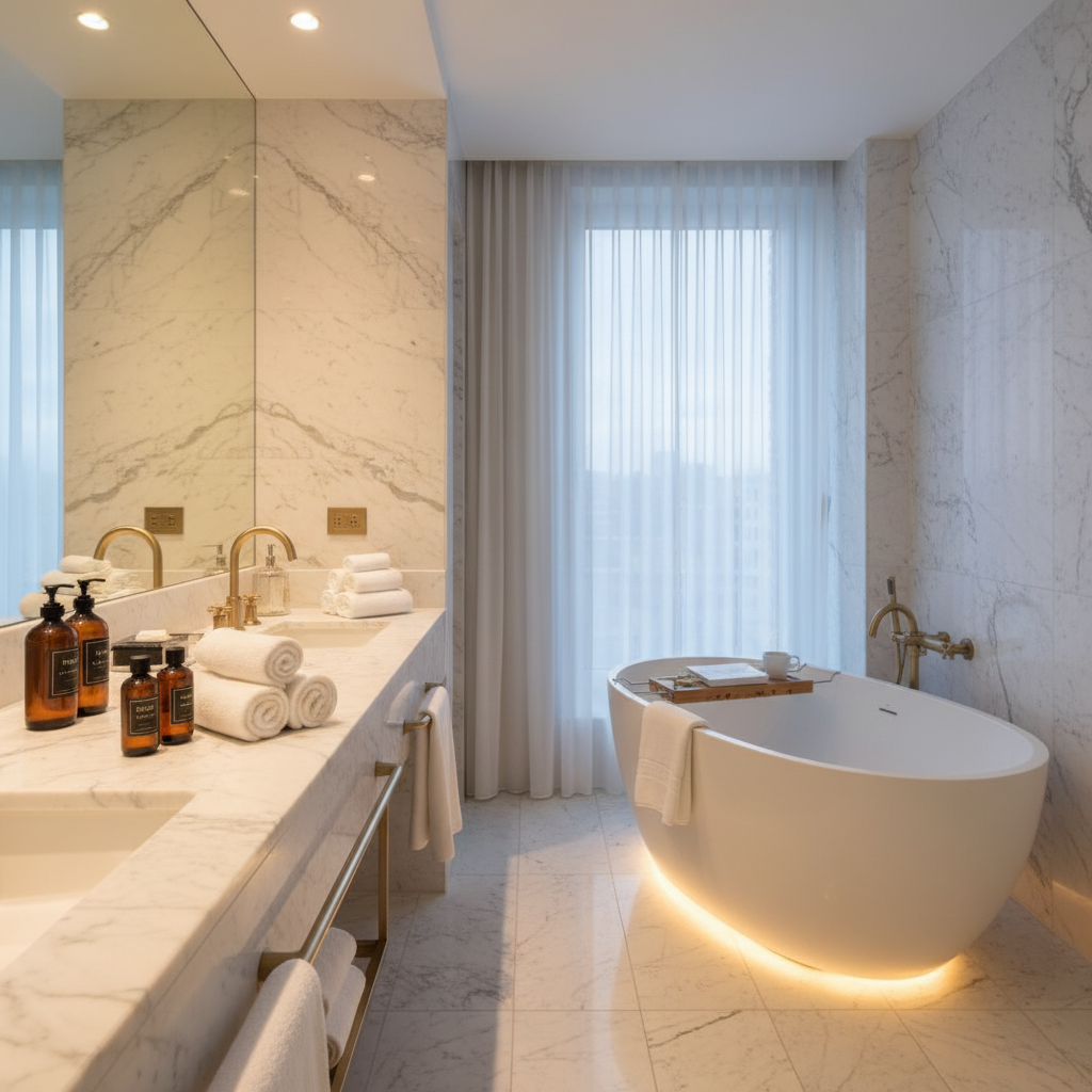 A high-end hotel bathroom with white marble surfaces, plush rolled towels, premium branded toiletries, and a large bathtub with soft glowing lights.